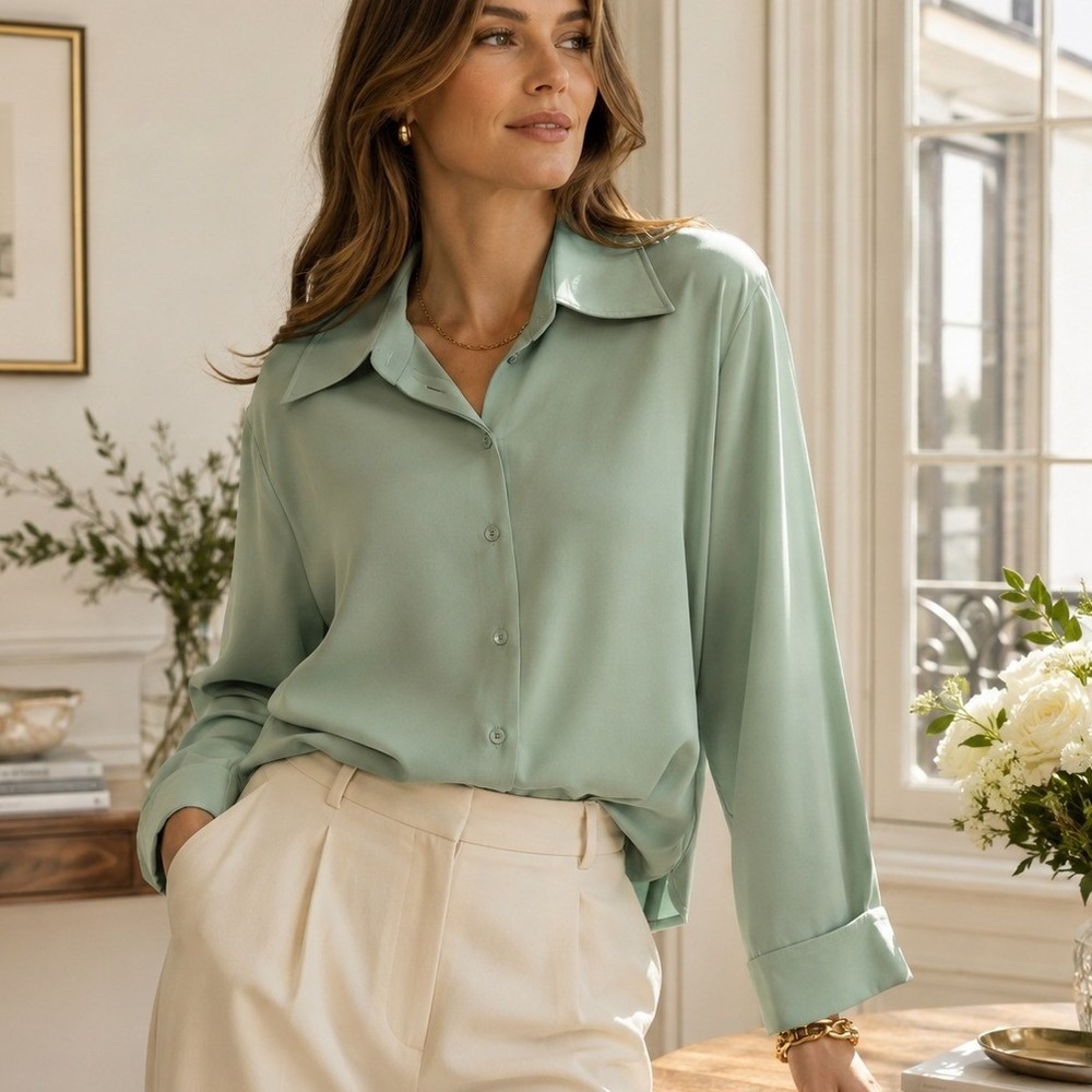 Vintage Lady Jane Colby Mint Green Button Front Blouse Size 40 XL Retro Minimal